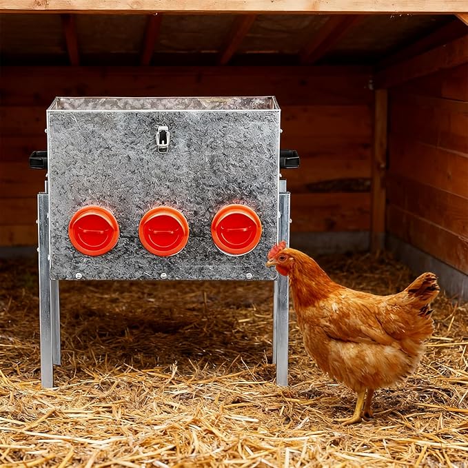 Automatic Chicken Feeder No-Waste, Metal Poultry Feeder Large Capacity for Chickens, Geese, Ducks, Turkeys, Quails (6 Ports)