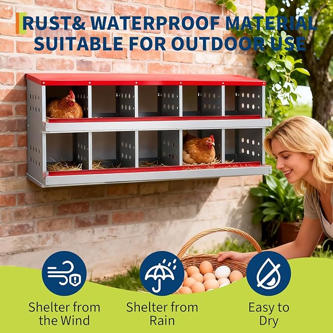 Metal Chicken Nesting Boxes - 10 Hole Wall-Mountable Laying Boxes with Flip-Top Lid & Roll-Away Egg Collection, Weatherproof Galvanized Steel, Includes 10 Fake Eggs for Chicken Coop, Red