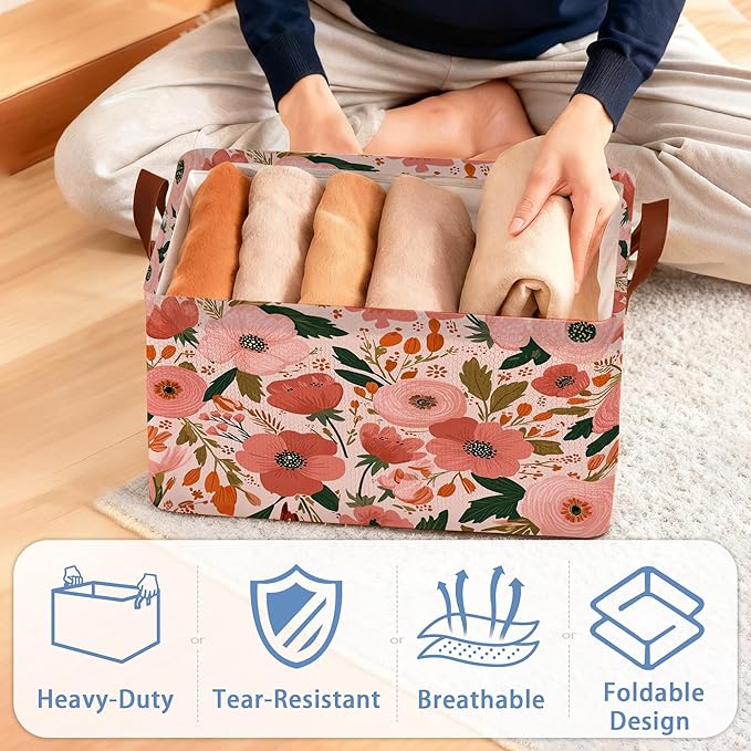 Retro Pink Flower Storage Basket with Handles,Leaves Collapsible Rectangle Organizer Bin for Room Decoration Books Box Baskets 17x11.5x10Inch