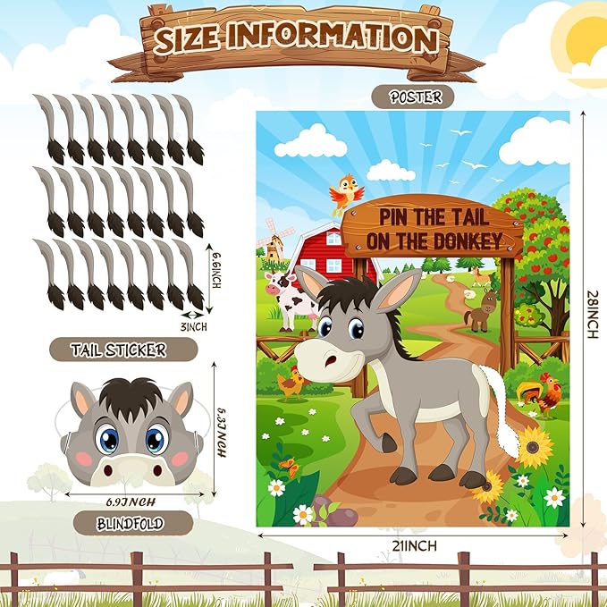 Faccito Farm Animal Games Pin The Tail on The Animals Barn Birthday Party Decorations Farm Poster Games with 24 Stickers Eye Mask for Family Activities Birthday Party Decor Supplies (Donkey)