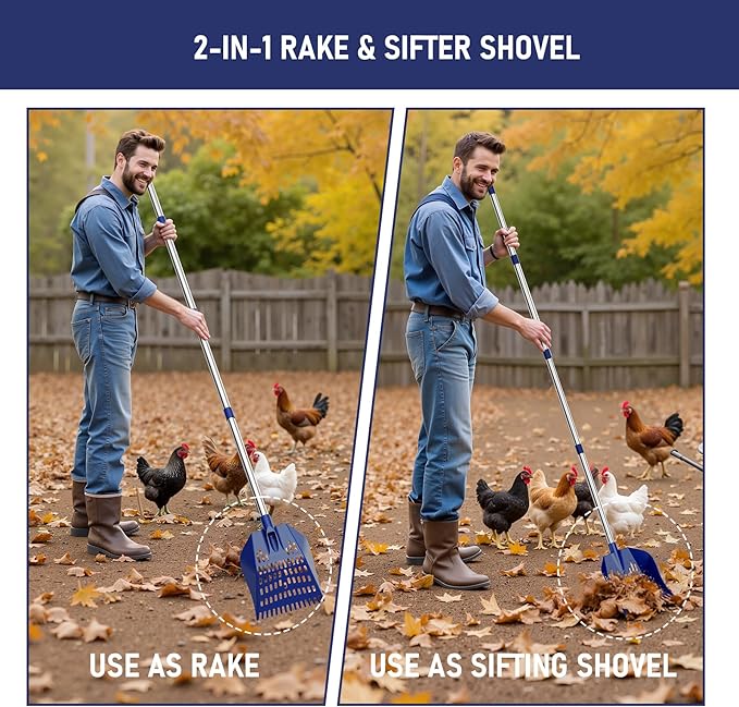 Chicken Poop Scooper & Rake, 2-in-1 Chicken Poop Pooper Shovel with 3-Shape Sifting Holes, 39 to 68" Chicken Coop Rake Stainless Steel Handle Litter Shovel for Small Farm Animals