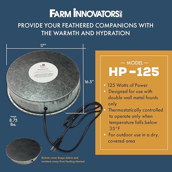 Farm Innovators Heated Base for Double Wall Metal Founts Poultry Waterer, 125W Outdoor Water Bowl Heater for Chickens, Turkeys, Ducks, and Geese