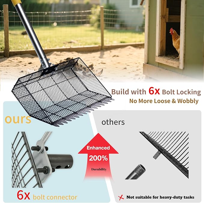 Chicken Coop Poop Scooper Rake for Sand - Lightweight Metal Cleaning Tool,Adjustable 24"-65" Handle, 12" Wide Sifter Shovel for Chicken Run,Litter Box,Dog Yard, Rabbit Hutch,Kids Sandboxes