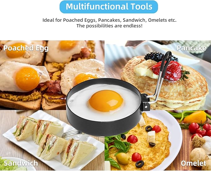 Stainless Steel Egg Rings for Frying Eggs（4 Pack） - 3.5" Round Non Stick Griddle Rings with Oil Brush, Egg Sandwich/Pancake/Cooking Molds, Breakfast Maker Accessories & Egg Separator