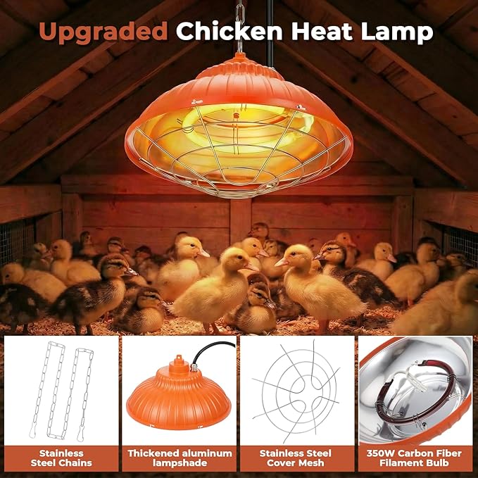 Chicken Heater Lamp, 175W/350W Dual-Mode Brooder Heater Bulb Chick Heater, Hanging Light Heated Adjustable Temp & Height for Chicks, Poultry & Ducklings