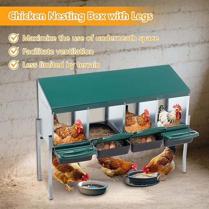 Nesting Box for Chickens Laying Eggs,Roll Away Chicken Nesting Boxes with Legs,4 Compartment Wall Mountable Metal Chicken Nesting Box,Roll Out Nesting Boxes for Hens,Green