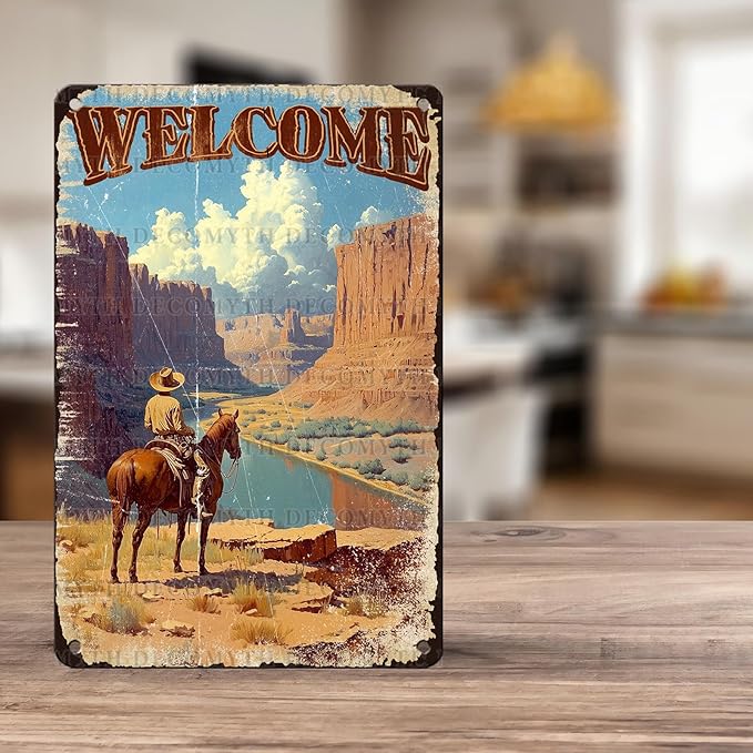 Vintage Cowboy Tin Sign Welcome Retro Wall Decor Nostalgic Art Funny Metal Poster Bedroom Store Cafe Toilet Kitchen Bar Office Living Room Pubs Shop Farmhouse Man cave 12 * 8inch