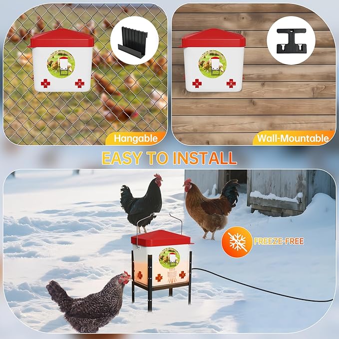 Nexum 2 Gallon Heated Chicken Waterer - Outdoor Unfrozen Poultry Drinker for Winter with 4 Nipples and Adjustable Stand Automatic Chicks Water Bucket (Red, 2 Gallon)