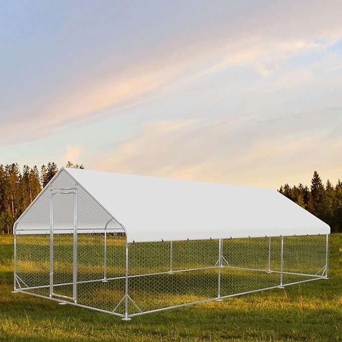Outdoor Metal Chicken Coop, Metal Chicken Coop with Run,Walk-in Poultry Cage Spire-Shaped Chicken Run Small Animal Pens with Waterproof and Anti-UV Cover for Outside,Backyard and Farm,19.6'x9.8'x6.4'