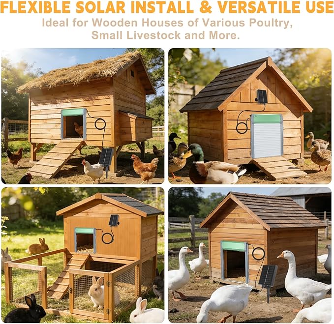 Automatic Chicken Coop Door, Solar Powered Chicken Coop Door with Timer & Light Sensor, Anti-Pinch Function, 4 Modes, Remote Control, IP65 Weatherproof for All Seasons
