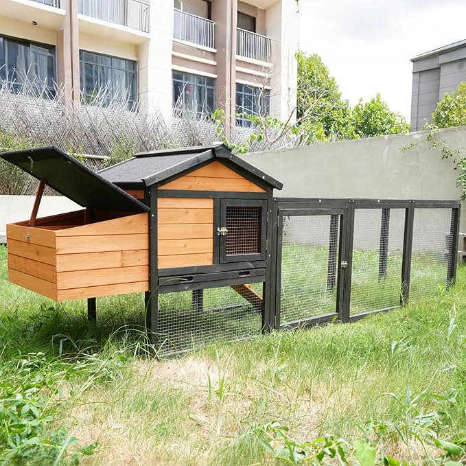 106.3" Chicken Coop, Large Wooden Chicken Coop with Run, Nesting Box and All-Weather Asphalt Roof, Outdoor Duck House Bunny Cage with Sliding Tray for Poultry, Small Animals, Black+Brown
