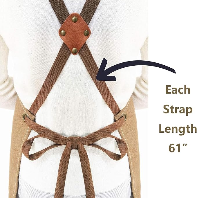 AFUN Work Aprons for Men with Large Pockets, Cotton Canvas Cross Back Heavy Duty Adjustable Tool Apron, Size M to XXL (Brown)