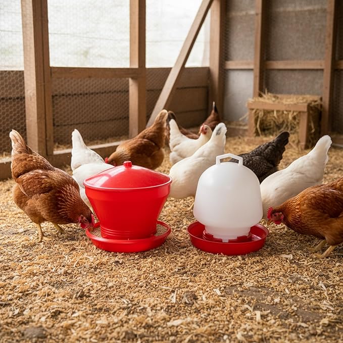 Maxdot 4.8 Gallon/42.4 Pounds Automatic Chicken Feeder & Waterer Set Large Capacity Hanging Automatic Poultry Feeder & Waterer for Chickens & Livestock