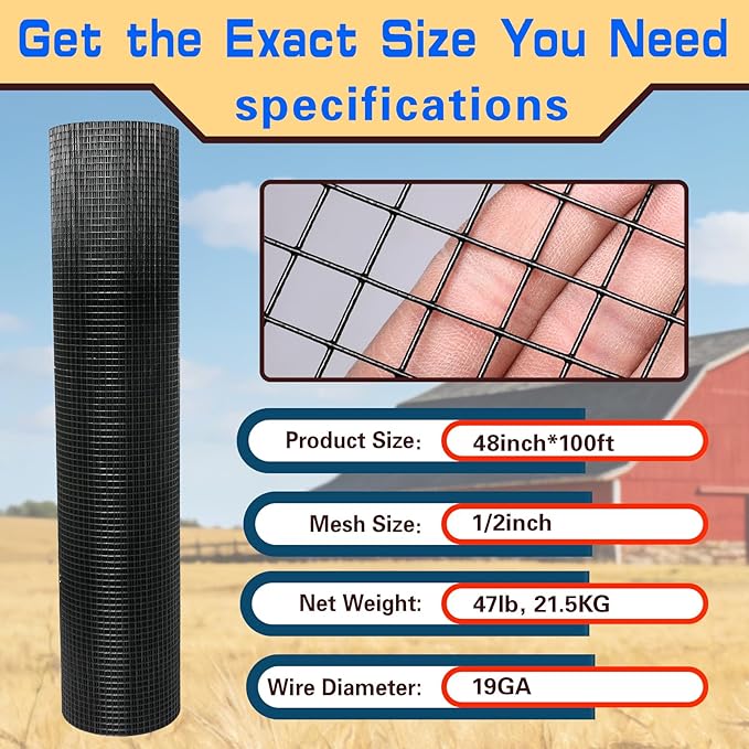 Black Hardware Cloth 1/2in 48inx100ft, Chicken Wire Fencing, PVC Coated Metal Welded Wire Mesh Roll, for Rabbit Snake Groundhog Gopher Netting Cage Vegetable Garden Fence Animal Barrier