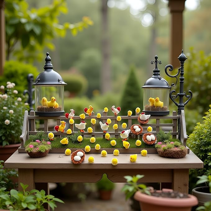 44 Pcs Miniature Family Chicken, Cock, Hen, Egg, Chicken Nest Ornament Micro Landscape Fairy Garden Décor Garden Sculptures and Statues