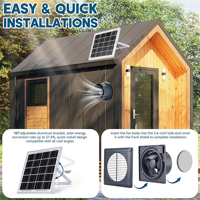 Solar Exhaust Fan with 25W Solar Panel, 6" Solar Powered Vent Fan for Chicken Coop, Greenhouse & Shed, 385 CFM Ventilation Fan with Anti-Backflow Valve, Quiet Brushless Outdoor Cooling