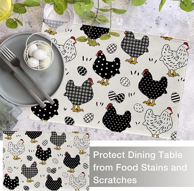 Seliem Chicken Hen Placemats Set of 4, Eggs Buffalo Plaid Polka Dots Farm Dining Table Place Mats, Spring Farmhouse Rustic Kitchen Decor Home Decoration 12 x 18 Inch
