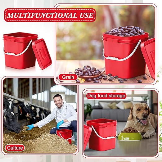 Mumufy 5 Pcs 3.5 Gallon Square Food Grade Bucket with Lid Square Bucket Pail Plastic Handles for Long Term Food Storage, Camping, Fishing, Home Organization Easy Stack and Store (Red)