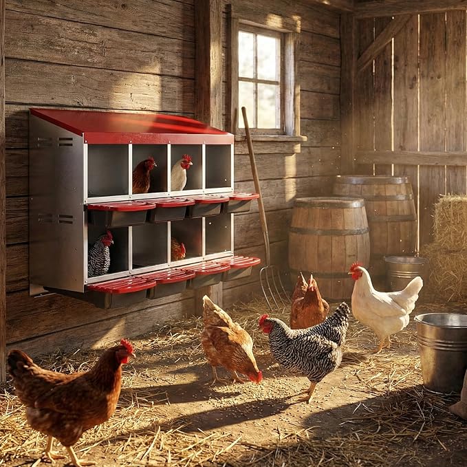 8 Compartment Chicken Nesting Box with Roll Away Egg Design - Wall Mount Hen Laying Box with Pull-Out Trays for Easy Egg Collection, Cleanable & Chicken Coop Accessories, 8 Holes, Red