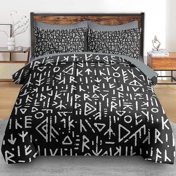 Comforter Set Twin Size, Gothic Viking Black 5 Pcs Bedding for Kids and Adults, Geometric Medieval Norse Bed Sheet Sets with Fitted Sheet Pillowcase & Sham for Bedroom Bed Decor