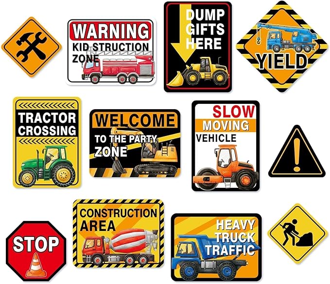 WERNNSAl Construction Party Decorations - 12PCS Truck Signs Birthday Decorations for Kids Boys Construction Birthday Party Supplies Funny Traffic Road Signs for Baby Shower Home Garden Yard Decor