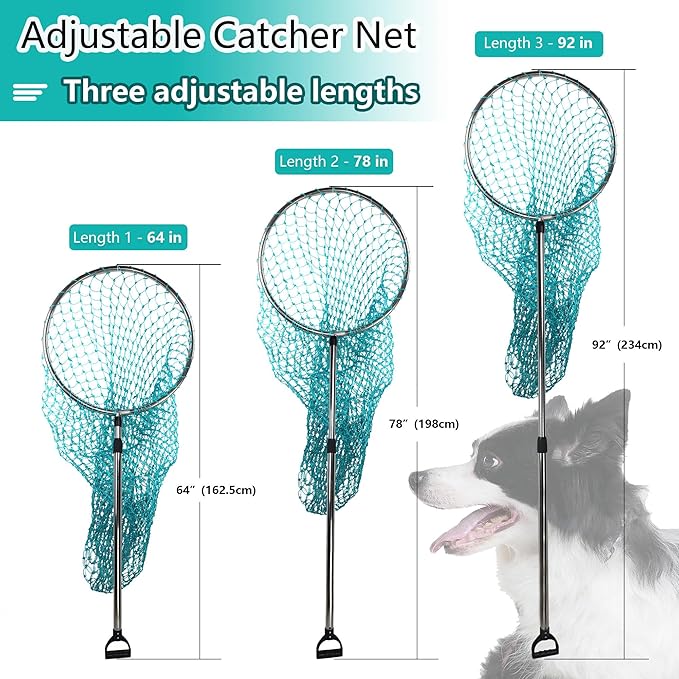 Dog Catch Net Animal Control Net Poultry Catching Trap Tool Length Adjustable for Cat, Pigeon and Others (42~70" Handle with 22" Net Opening) (Stainless Steel, Natural)