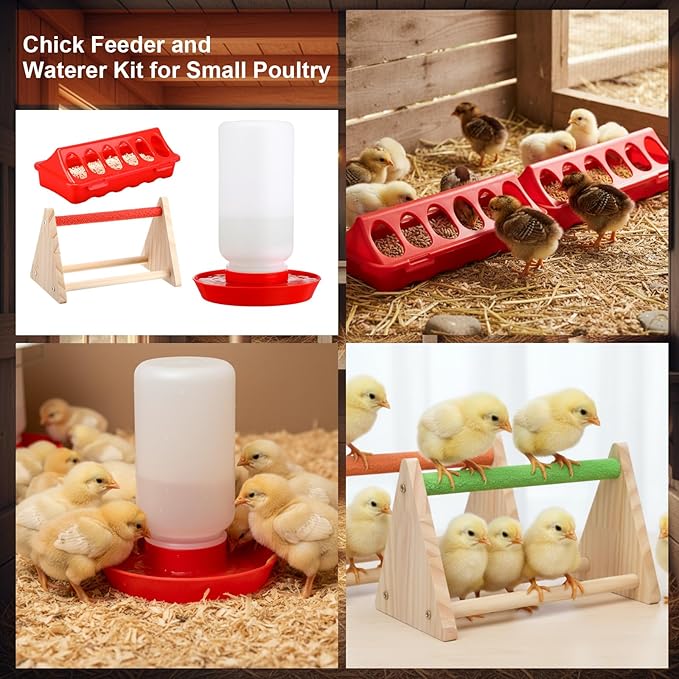 Retisee Chick Start Kit, All in One Brooder Kit Including 12" x 12" Heat Plate 150w Chicken Infrared Red Heat Lamp Feeder and Waterer Perch Flip Top Poultry Feeder for Newborn Livestock Duck Warm