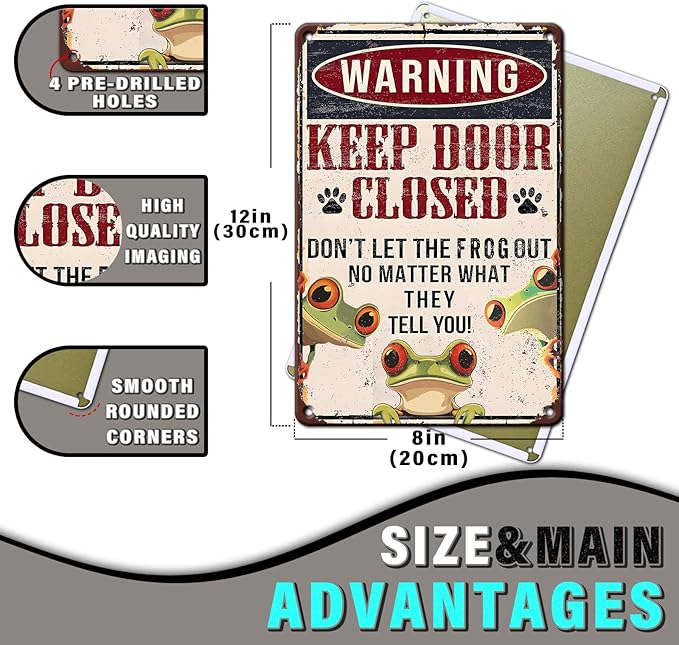 PEACHGARDEN Funny Frog Warning Decor Retro Metal Tin Sign Keep Door Closed Don't Let The Frogs Out No Matter What They Tell You Vintage Tin Sign for Home Office Room Wall Decor Poster 8x12inch