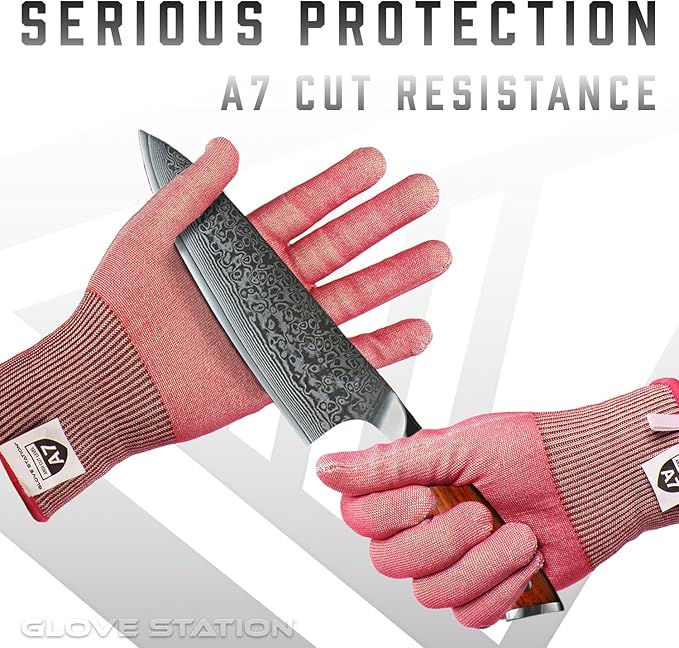 Glove Station Ultra Durable Series Cut Resistant Gloves - Cutting Gloves for Chefs, BBQ and Cooking - Level 7 Protection, Food Grade Safe Cut - Marble Red, Large