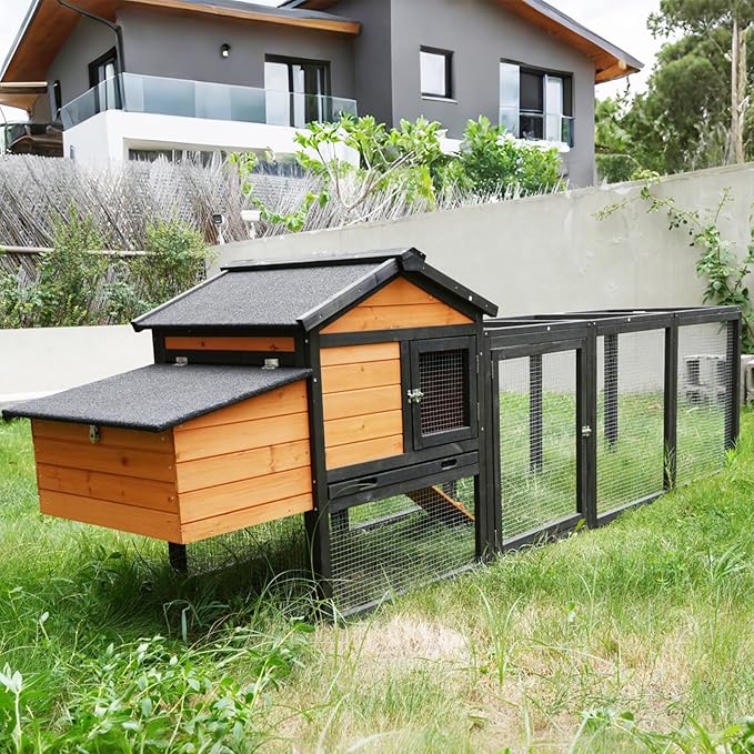 Large Wooden Chicken Coop Outdoor Hen House with Nesting Box，Walk-in Poultry Cage with Secure Locks, Metal Mesh Run for Backyard Farm Use (Black+Brown 106.3")