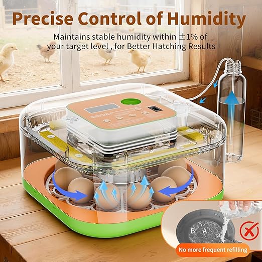 Incubator for Hatching Eggs, Temperature and Humidity Control, Automatic and Adjustable Egg Turning & Incubation Day, Built-in Egg Candler, 12 Egg Incubator for Hatching Chicken, Duck, Turkey, Bird