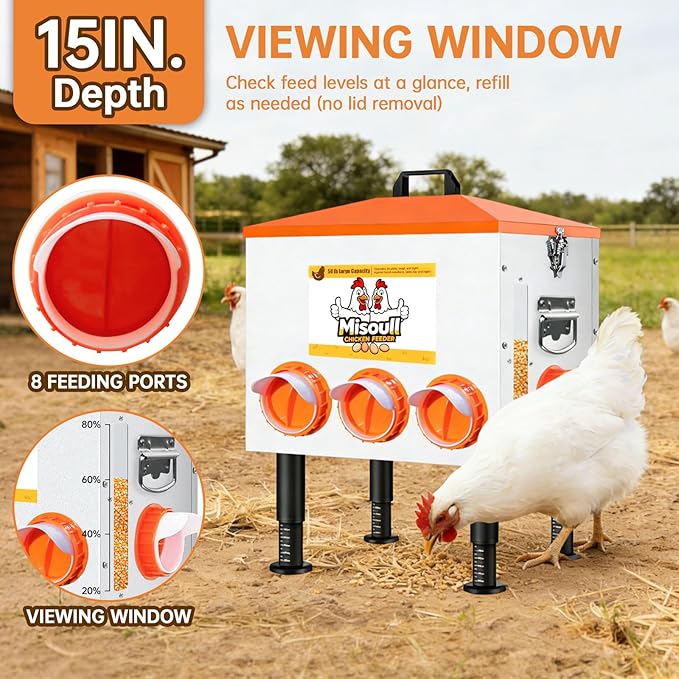 Upgraded Automatic Chicken Feeder, 50 LBS Large Rust-Proof Alloy Steel Chicken Feeders No Waste with 8 Feeding Ports, 2 View Windows, Poultry Feeding Equipment with Adjustable Legs