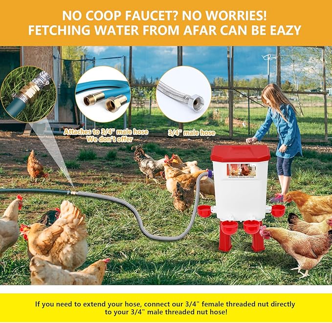 Lilyang Automatic Chicken Waterer 2 Gallon | Float-Control Auto Waterer, Hanging/Standing Design, Connect to 3/4'' Faucet & Hose, Effortless Hydration Solution for Backyard Coop & Small Farm