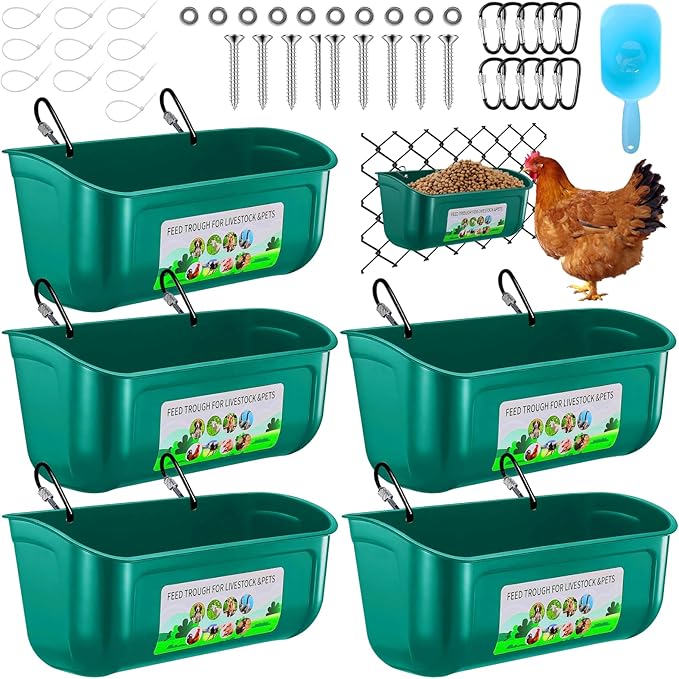 5 Pack Chicken Feeder, Duck Feeder Supplies, Hanging Fence Feed Trough with Clips for Goat, Sheeple, Piglet, Gooses, Turkeys, Dog Livestock Poultry, 8 Quarts in Total, Feed Scoop Included, Green