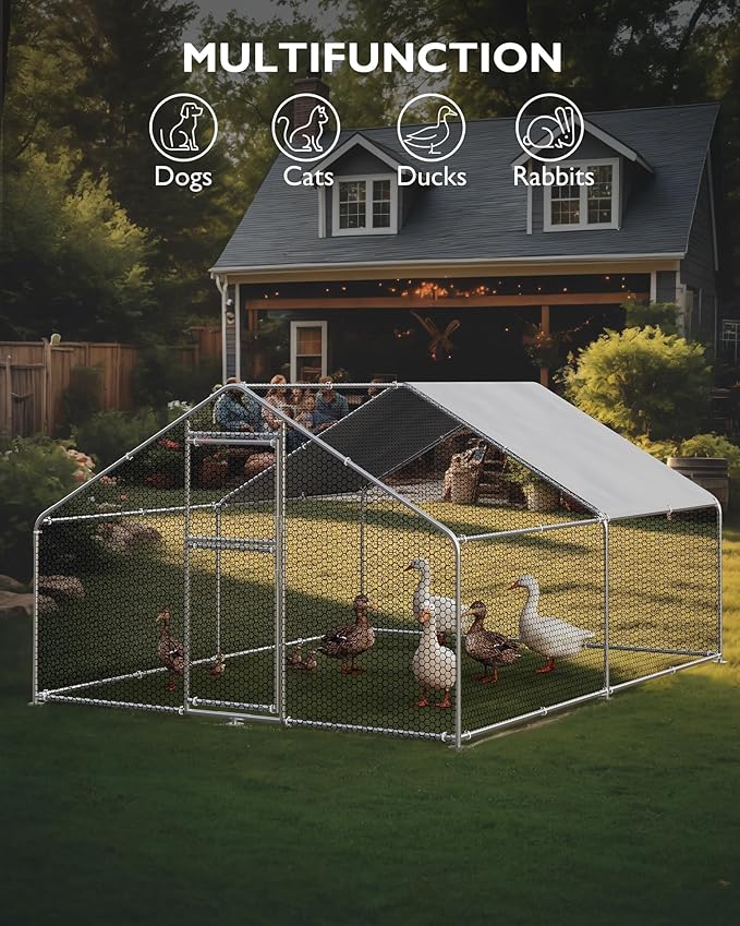 Large Metal Chicken Coop Upgrade Tri-Supporting Wire Mesh, 9.8' W x 13.1' L x 6.5 H Walk-in Poultry Cage, Chicken Run Pen House with Waterproof & Anti-Ultraviolet Cover & Lockable Doors for Outdoor