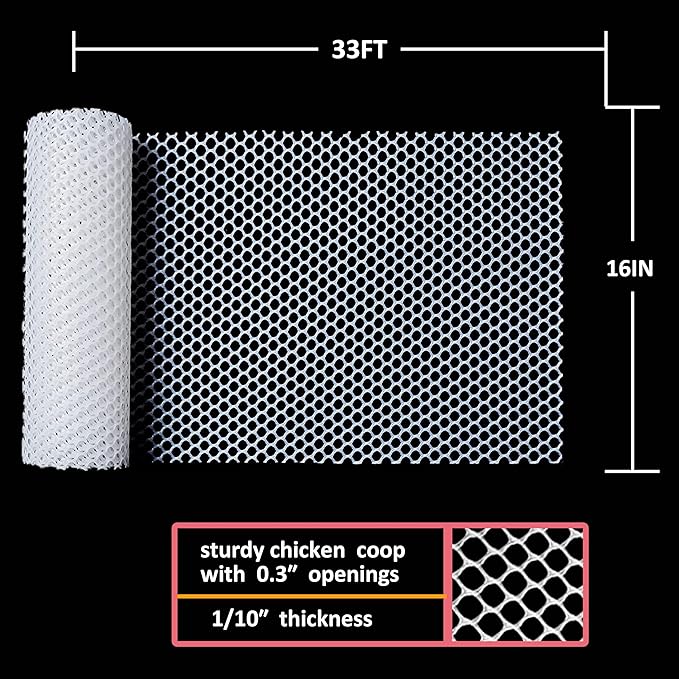 Upgraded Plastic Chicken Wire Fence Mesh(16INx33FT) - Black/Green/White Colors 0.3" Openings,for Garden Net, Poultry Fencing, Chicken Wire Frame,Animal Cage Fence,Floral Netting (White)