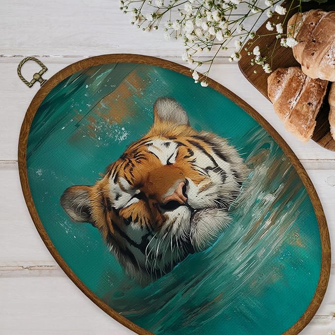 WULQYING Boho Funny Tiger Wall Art Decor, Fantastic Wild Animal Oval Framed Canvas Art Prints, Whimsical Tiger Sleeping in Water Wall Hanging Decor for Home Bedroom Living Room, 8.6x11.4 Inches