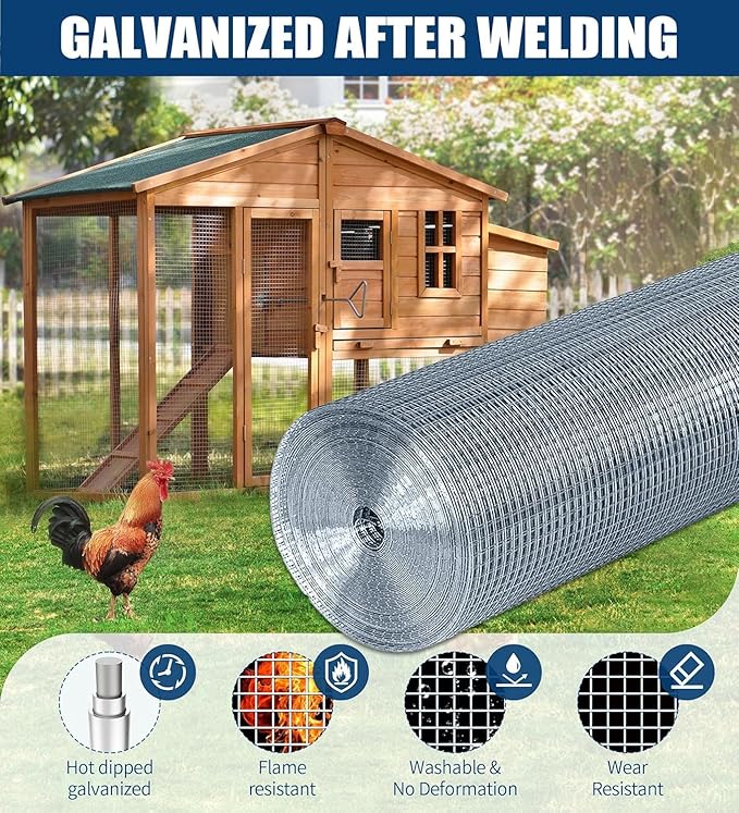 Hardware Cloth 1/2 Inch, 19 Gauge Hot Dip Galvanized Mesh Rolls Welded Chicken Wire Fencing for Chicken Coop Barrier, Poultry Netting Cage Wire Fence (Silver(16in*100ft))
