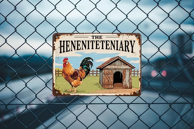 The Henitentiary Sign - Rustic Metal Chicken Coop Sign for Farm, Garden, or Home Decor - 12" x 8" Vintage Tin Plaque, Door Name Plate, Wall Art