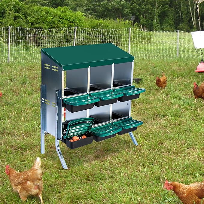 Chicken Nesting Boxes with Cleanable Pull-Out Trays - 6 Hole Metal Rollaway Nest Box for Laying Hens, Wall Mount or Placed Design for Easy Egg Collection & Cleaning