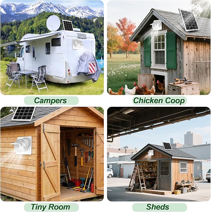 Solar Exhaust Fan with 7500mAh Battery & LCD Display, 25W Solar Panel Vent Fan for Chicken Coop, Greenhouse & Shed, 6" Solar Powered Ventilation Fan, 380 CFM, Ultra Quiet, Day & Night Cooling