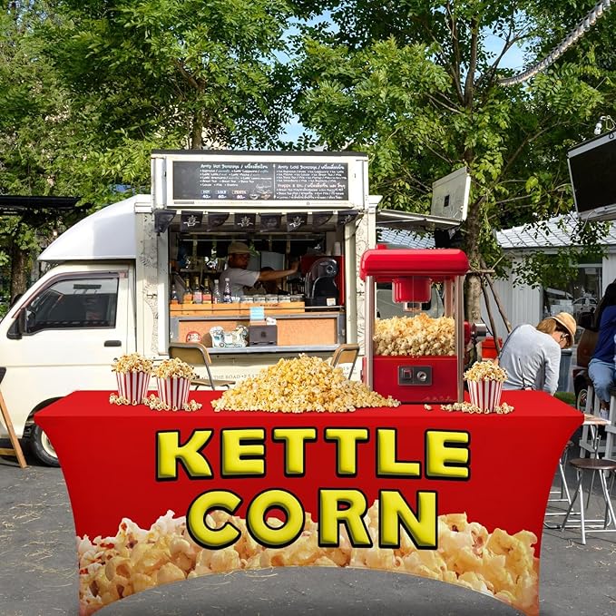 Oudain 6 ft Kettle Corn Stand Tablecloth Elastic Spandex Popcorn Rectangle Table Cover Kettle Corn Banner Sign Table Cloth for Business Advertising Carnivals Party Outdoor Concession Stand
