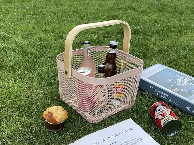 Metal Mesh Wire Basket, Small Steel Basket with Wooden Handle Storage Organizer Basket Multi-functional Hanging Kitchen Baskets Fruit Baskets for Kitchen Bathroom Cabinet Pantry Snacks, Pink