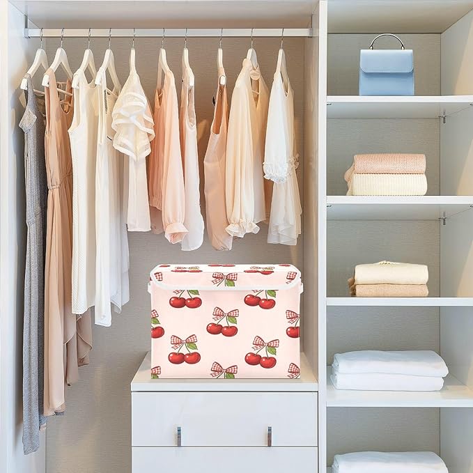 Cherry Bows Pattern Storage Bins with Lids Foldable Storage Basket with Handles Collapsible Large Fabric Organizer Containers for Clothes Shelves Closet Office Home