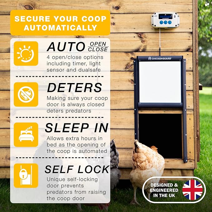 ChickenGuard Automatic Chicken Coop Door Opener, Power by Solar/Batteries/Electric. Strong Motor Lifts 2kg; Timer/Light Sensing; Motor Units only or Combination Kits (PRO + Door + Batteries)