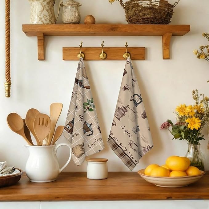 Vintage Coffee Kitchen Towels Decorative Set of 4, Brown Dish Towels Soft Absorbent Cute Tea Towel Hand Towel for Coffee Bar Drying Cleaning Kitchen Decor