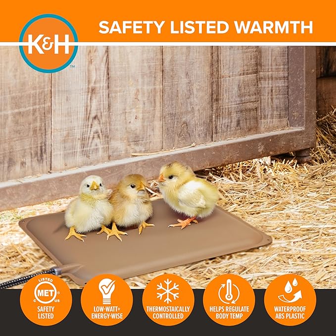 K&H Pet Products Thermo-Peep Chicken Heating Pad for Brooders and Chicken Coops, Warming Heat Plate for Chicks and Ducklings, Safety Listed Poultry Heat Lamp Alternative - Petite 12 X 9in, Tan 20W