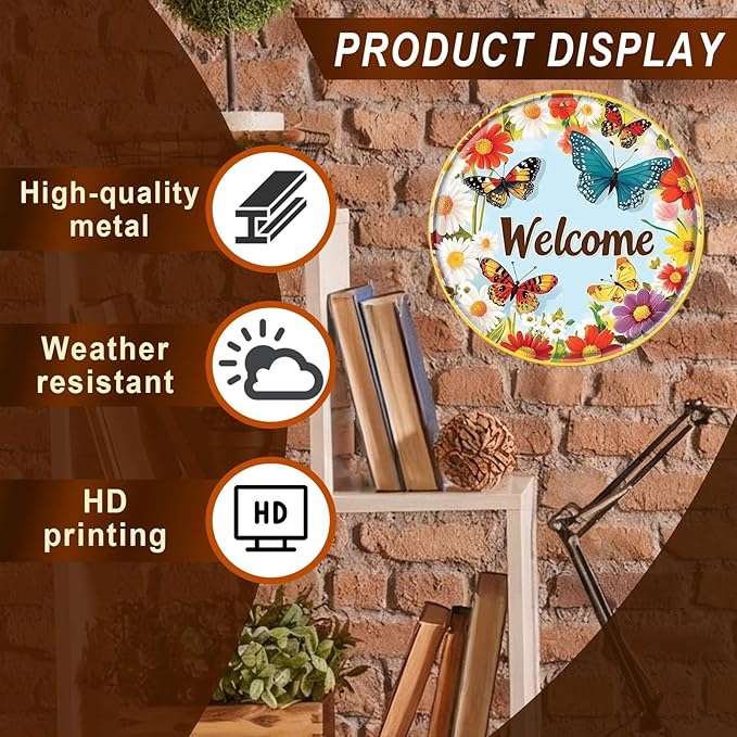 Round Metal Tin Sign Wreath Spring Flowers Butterflies Daisy Welcome Vintage Farmhouse Wall Decor for Front Door Porch Garden Home Outdoor 12x12inch