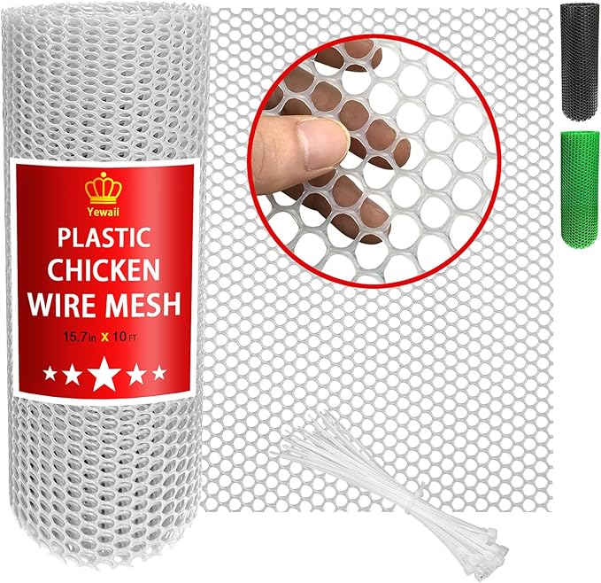 Chicken Wire Fence Mesh Plastic with Zip Ties, 1.3×10FT Chicken Wire Mesh for Gardening, Poultry Fencing, Crafts, Moss Poles, DIY, Floral Netting - White