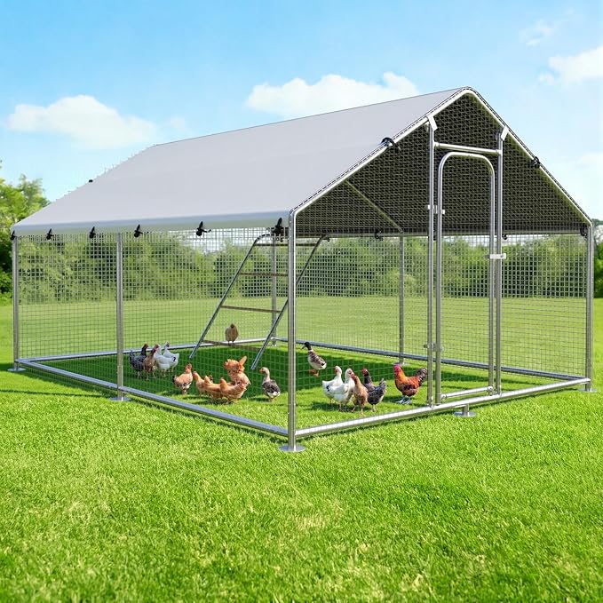 Large Metal Chicken Coop Run with Roosting Perch, Outdoor Poultry Cage with Heavy Duty Wire Mesh and UV-Resistant Cover for Chickens Use, Spire Roof (8.9'W x11.8'L x 6.6'H)